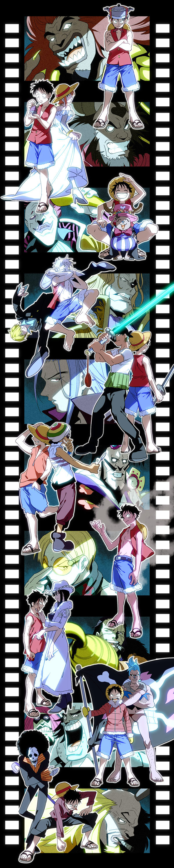 2girls 6+boys absurdres amputee battler_(one_piece) bear_king blonde_hair brook_(one_piece) cigar cigarette crocodile_(one_piece) daisy doctor_ratchet dress eldoraggo film_strip flour flower formal_clothes franky_(one_piece) gasparde_(one_piece) glasses grey_hair hat highres jacket jolly_roger kinjishi_no_shiki lily_carnation long_hair long_image mee mittens monkey_d._luffy multiple_boys multiple_girls multiple_persona musshuru nami_(one_piece) necktie nico_robin nico_robin_(alabasta) omatsuri one_piece one_piece:_baron_omatsuri_and_the_secret_island one_piece:_chopper&#039;s_kingdom_on_the_island_of_strange_animals one_piece:_clockwork_island_adventure one_piece:_dead_end_adventure one_piece:_strong_world one_piece:_the_cursed_holy_sword one_piece:_the_giant_mechanical_soldier_of_karakuri_castle one_piece:_the_movie pirate roronoa_zoro saga_(one_piece) sandals sanji_(one_piece) shichiseiken smoking straw_hat sword tall_image timeline tony_tony_chopper usopp vest wapol weapon wedding_dress