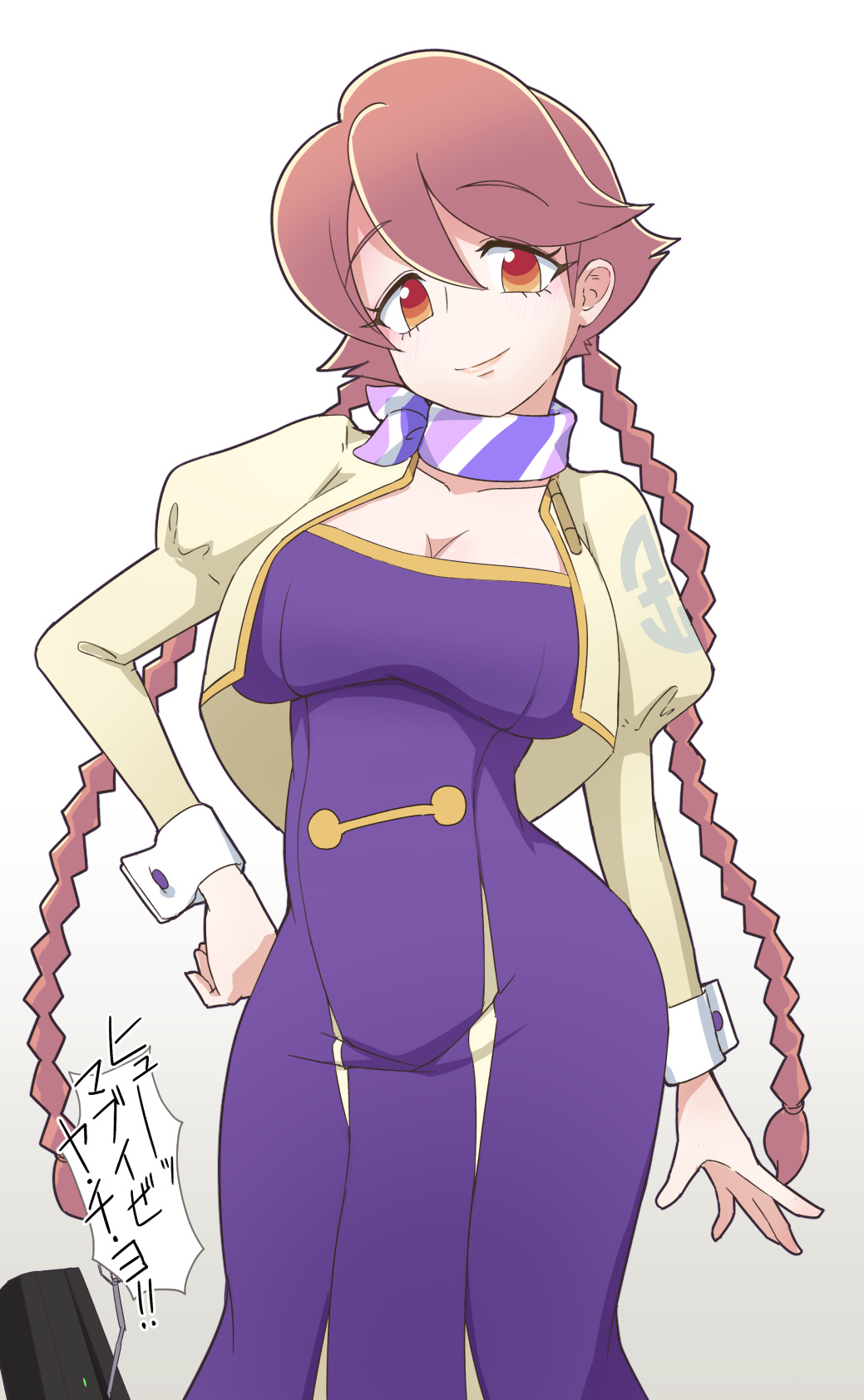 1girl apocalypse_hotel braid breasts brown_hair cleavage contrapposto dress hand_on_own_hip highres long_hair long_sleeves looking_at_viewer orange_eyes purple_dress purple_scarf robot scarf simple_background smile speech_bubble standing ten_agune twin_braids twintails very_long_hair yachiyo_(apocalypse_hotel)