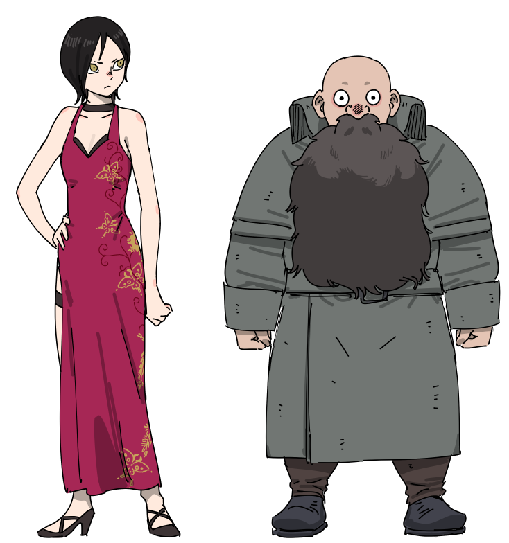 1boy 1girl ada_wong ada_wong_(cosplay) bald beard bitores_mendez bitores_mendez_(cosplay) black_choker black_coat black_footwear black_hair black_pants breasts choker coat cosplay dress dungeon_meshi dwarf facial_hair full_body hand_on_own_hip high_heels izutsumi jinou_rakugaki light_frown long_beard no_eyebrows pants parody red_dress resident_evil resident_evil_4 senshi_(dungeon_meshi) short_hair small_breasts thigh_strap very_long_beard white_background yellow_eyes