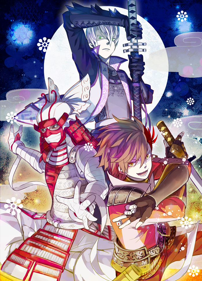 3boys :d armor bandaged_arm bandaged_head bandages black_gloves black_sclera brown_hair colored_sclera cowboy_shot dice fingerless_gloves frown full_moon gloves green_eyes ha0810 helmet holding holding_dice holding_weapon ishida_mitsunari_(sengoku_basara) japanese_armor kabuto_(helmet) katana looking_at_viewer male_focus moon multicolored_hair multiple_boys ootani_yoshitsugu_(sengoku_basara) open_mouth orange_eyes red_hair sengoku_basara serious sheath shima_sakon_(sengoku_basara) short_hair shoulder_armor smile sword two-tone_hair unsheathing v-shaped_eyebrows weapon white_eyes white_hair