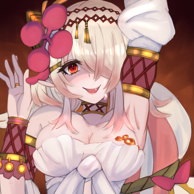 1girl arm_up armpits blush bracelet breasts detached_sleeves duel_monster fang flower front-tie_top fullborem hair_over_one_eye jewelry large_breasts long_hair looking_at_viewer open_mouth pink_flower pointy_ears red_eyes smile solo strapless traptrix_pinguicula tube_top upper_body white_tube_top yu-gi-oh!