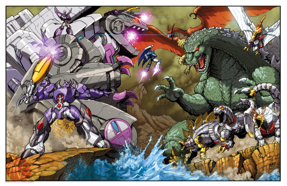 arm_cannon autobot battle brontosaurus clash claws crossed_arms crossover cyclonus decepticon dinobots_(g1) epic firing flying galvatron giant giant_monster glowing glowing_eyes godzilla godzilla_(series) grimlock hasbro kaiju matt_frank mecha mountain no_humans ocean open_mouth pointing pteranodon pterosaur red_eyes robot rodan scourge_(transformers) sharp_teeth slag_(transformers) snarl_(transformers) stegosaurus swoop teeth toho transformers transformers:_generation_1 triceratops trypticon tyrannosaurus_rex water watermark weapon