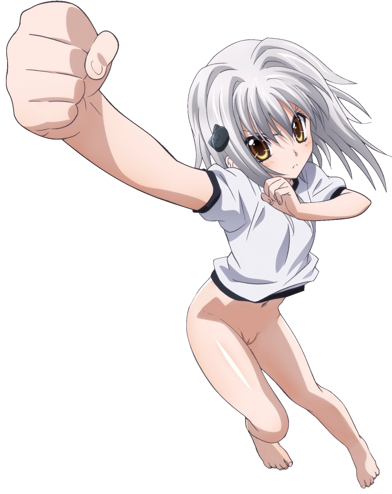 barefoot high_school_dxd highres pussy shirt toujou_koneko white_hair white_shirt yellow_eyes