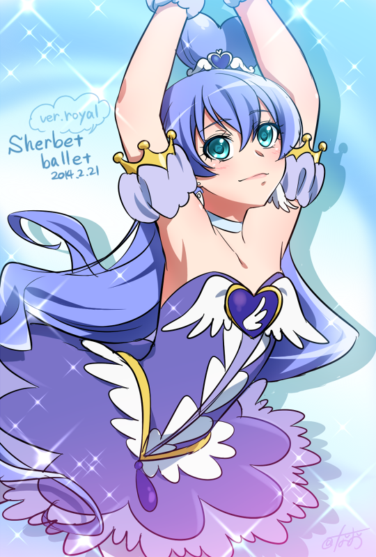 0417nao 10s 1girl 2014 armpits arms_up bad_id bad_pixiv_id ballerina bare_shoulders blue_background blue_eyes blue_hair blue_skirt brooch character_name cosplay cure_princess cure_princess_(cosplay) cure_princess_(sherbet_ballet) cure_royal_(0417nao) dated earrings female_focus hair_bun happinesscharge_precure! heart heart_brooch heart_hair_bun jewelry long_hair magical_girl matching_hair/eyes original precure single_hair_bun skirt smile solo wing_brooch wing_earrings wrist_cuffs