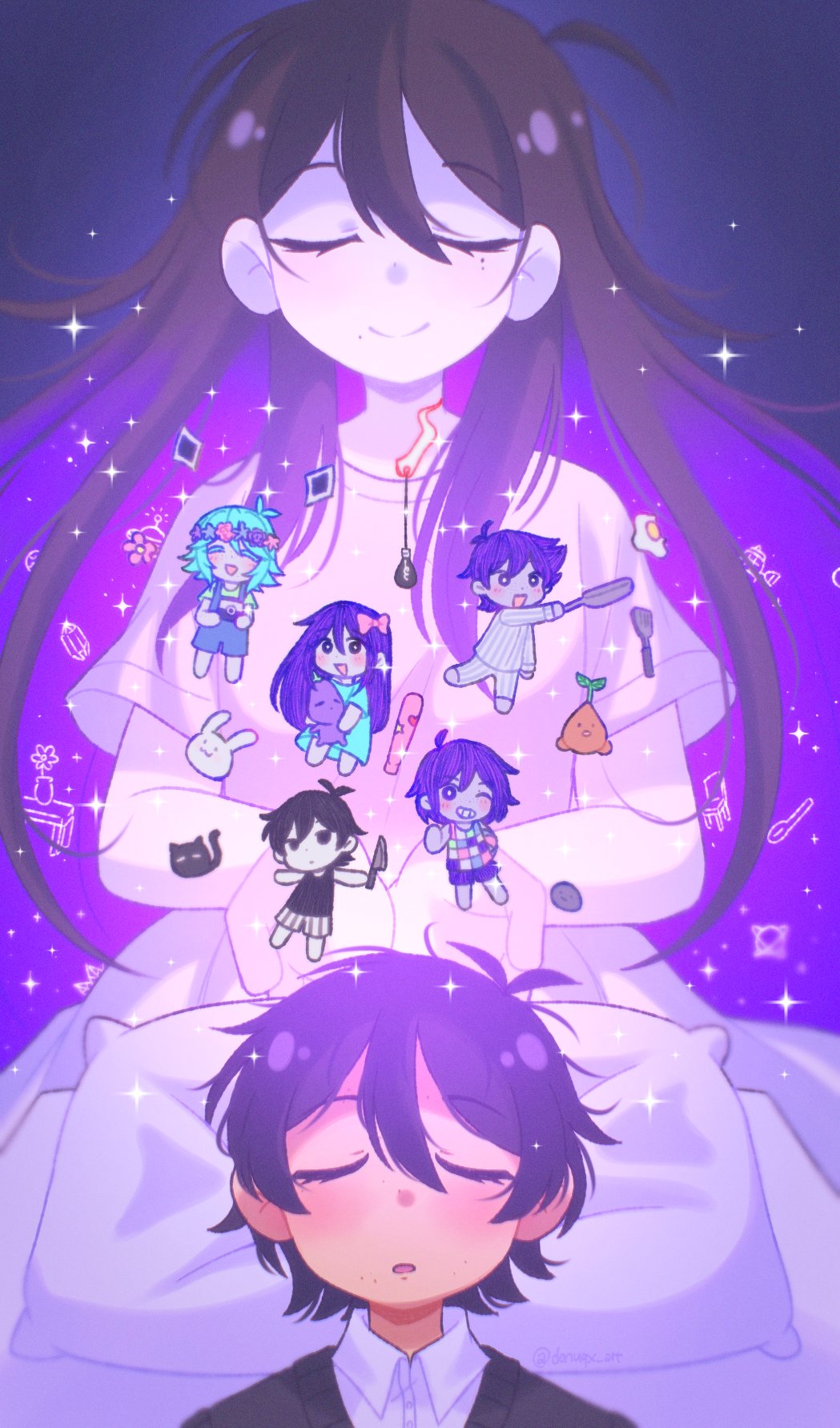 2girls 5boys antenna_hair aqua_hair aubrey_(headspace)_(omori) aubrey_(omori) basil_(headspace)_(omori) basil_(omori) black_sweater brother_and_sister brothers chibi closed_eyes collared_shirt colored_inner_hair colored_skin commentary donuqx double-parted_bangs dress dual_persona english_commentary facing_viewer forest_bunny_(omori) frying_pan hair_between_eyes head_on_pillow hector_(omori) hero_(headspace)_(omori) hero_(omori) highres holding holding_frying_pan holding_knife holding_stuffed_toy kel_(headspace)_(omori) kel_(omori) knife long_hair mari_(faraway)_(omori) mari_(omori) mewo mr._plantegg_(omori) multicolored_hair multiple_boys multiple_girls omori omori_(omori) open_mouth pillow purple_hair shirt short_hair short_sleeves shorts siblings smile sparkle spatula sprout_mole straight-on striped_clothes striped_shorts stuffed_eggplant stuffed_toy sunny_(omori) sweater textless_version two-tone_hair u_u upper_body vertical-striped_clothes vertical-striped_shorts white_dress white_skin