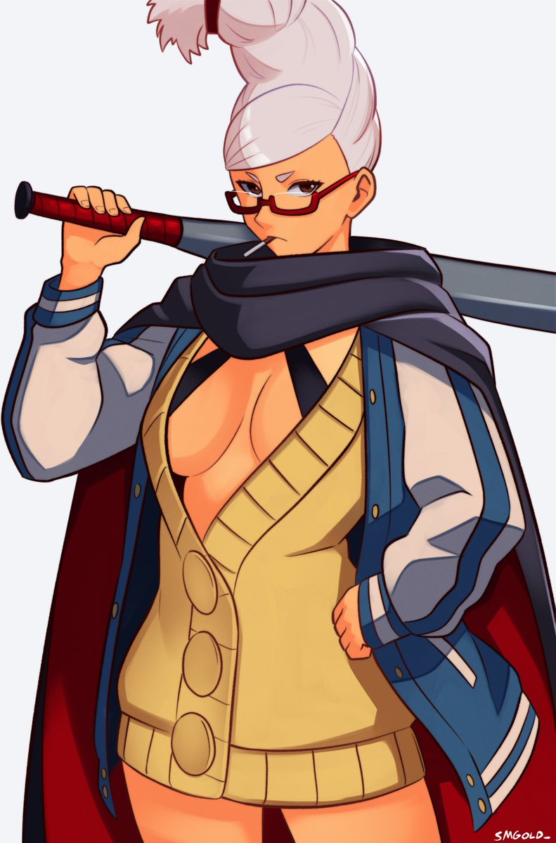 1girl artist_name ayase_seiko baseball_bat beehive_hairdo black_cape breasts brown_hair cape cigarette cleavage dandadan glasses grey_hair highres holding holding_baseball_bat jacket large_breasts looking_at_viewer mature_female open_clothes open_jacket red-framed_eyewear red_cape simple_background smgold smoking solo two-sided_cape two-sided_fabric white_background