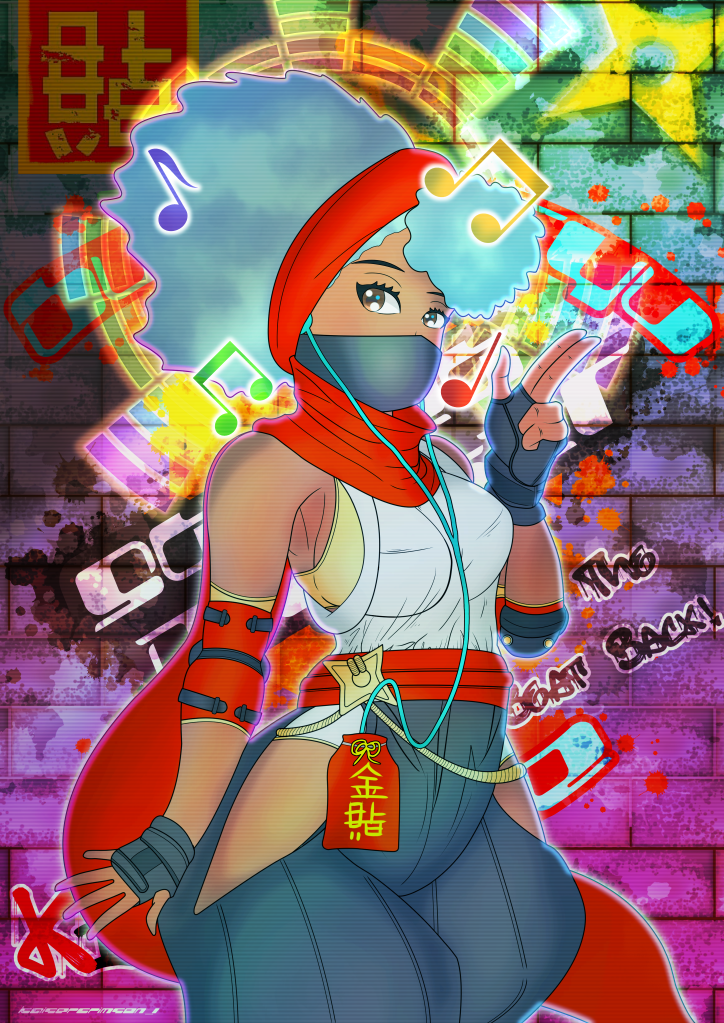 1girl afro bra bra_peek breasts capcom cleavage elbow_pads fighting_game graffiti hip_vent kaisercrimson_1 kimberly_jackson kuji-in mask mouth_mask ninja official_alternate_costume official_alternate_hairstyle street_fighter street_fighter_6 underwear yellow_bra