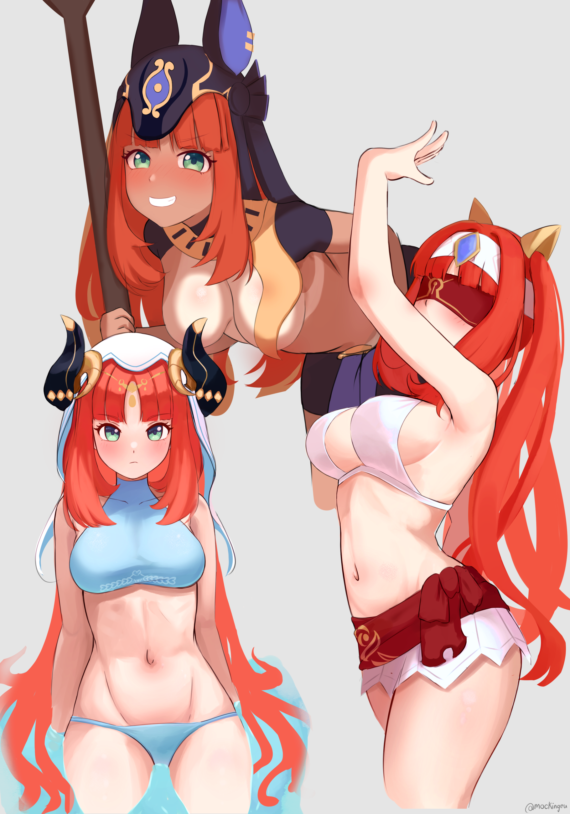 1girl absurdres adapted_costume alternate_costume animal_ears animal_ears_helmet animal_helmet arm_up bikini bikini_bottom_pull black_sleeves blue_bikini bra breasts closed_mouth commentary_request convenient_censoring cosplay cropped_legs cyno_(genshin_impact) cyno_(genshin_impact)_(cosplay) fake_horns gem genshin_impact green_eyes grey_background grin hair_down headband highres horns jackal_ears leaning_forward long_hair looking_at_viewer medium_breasts miniskirt mockingeu multiple_views navel nilou_(genshin_impact) purple_gemstone red_blindfold red_hair short_sleeves sideboob simple_background skirt smile standing stomach swimsuit tan tanline topless_female underwear veil wading water white_bra white_headband white_skirt white_veil