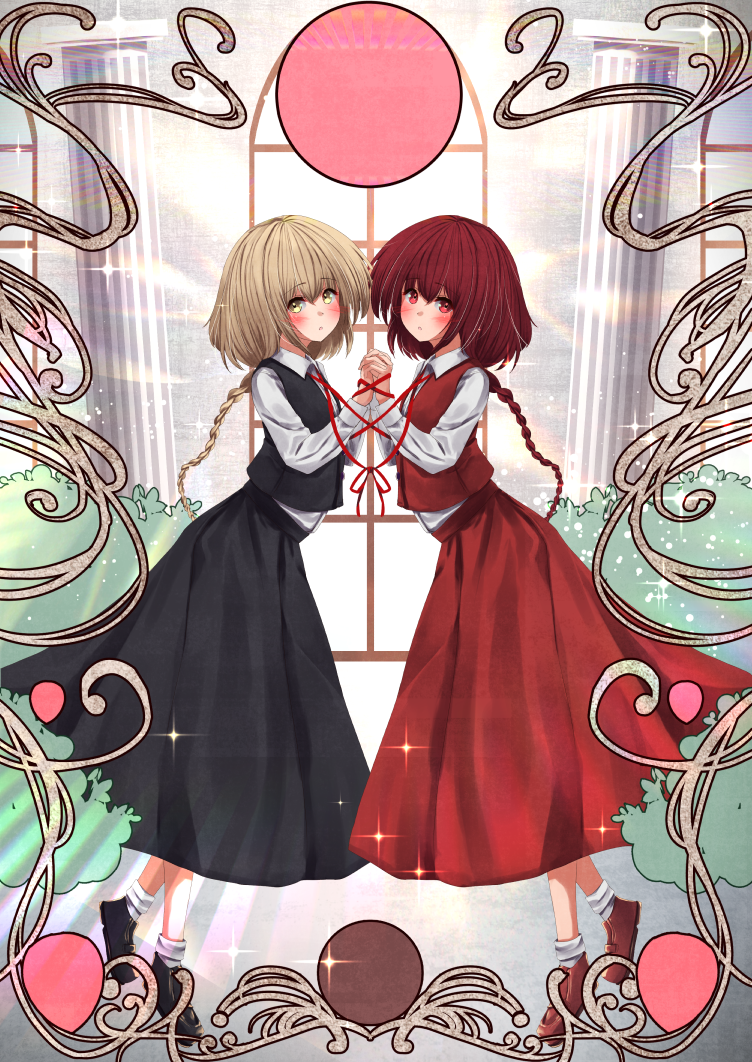 alternate_color black_shoes black_skirt black_vest blonde_hair blush bound bound_wrists braid dress long_braid long_hair long_sleeves looking_at_viewer okazaki_yumemi player_2 red_eyes red_hair red_vest shirt shoes skirt teruteru12 touhou touhou_(pc-98) vest window yellow_eyes