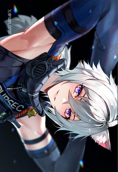 1boy animal_ear_fluff animal_ears arms_up artist_name blue_eyes cat_boy cat_ears chromatic_aberration commentary crossed_bangs hair_between_eyes looking_at_viewer male_focus np_(1231_0720) seth_lowell short_hair smile solo upper_body white_hair zenless_zone_zero