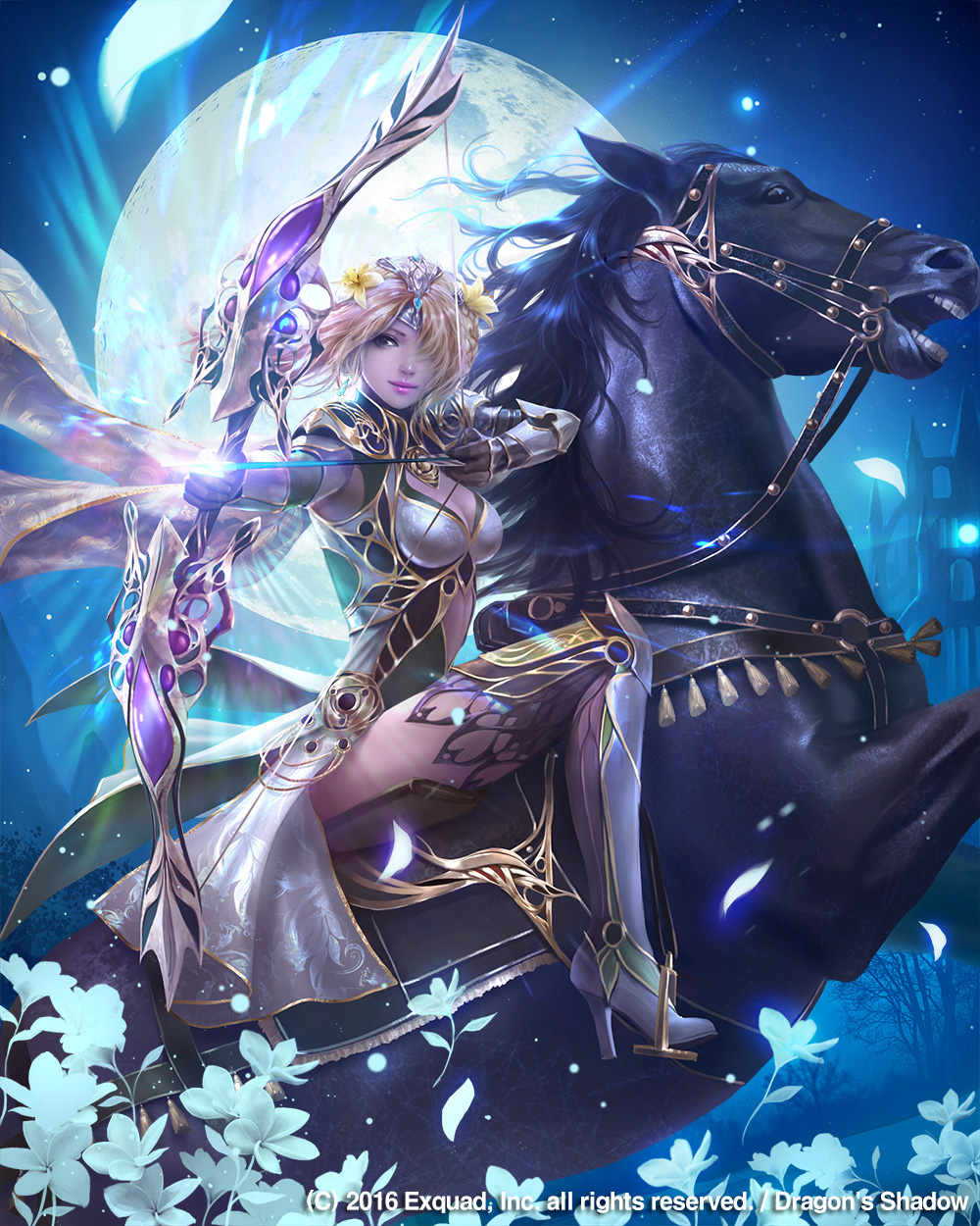 1girl blonde_hair bow_(weapon) braid breasts cleavage copyright_name dragon&#039;s_shadow eudia_(serenity2200) floral_print flower frien_(dragon&#039;s_shadow) full_moon glowing glowing_weapon hair_flower hair_ornament hair_over_one_eye high_heels highres horseback_archery horseback_riding lipstick makeup medium_breasts moon night official_art rearing reins riding saddle shoes thighhighs weapon white_footwear