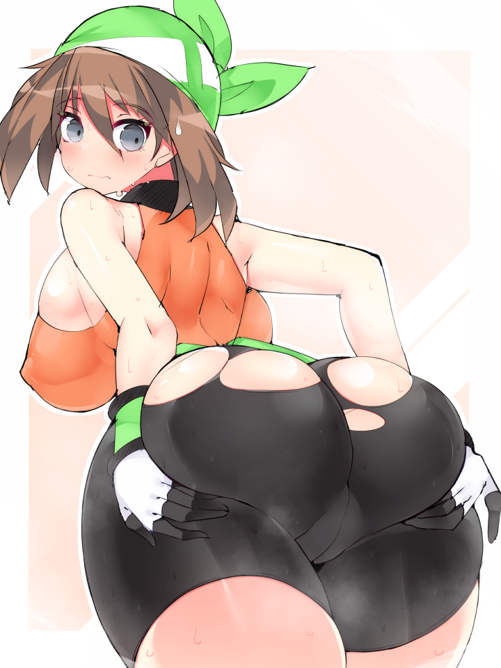 1girl ass back bandana bike_shorts black_shorts blush breasts brown_hair cameltoe closed_mouth commentary_request covered_erect_nipples curvy gloves grabbing_own_ass green_bandana grey_eyes hair_between_eyes hisui_(stapspats) huge_ass large_breasts may_(pokemon) nintendo orange_background orange_shirt pokemon pokemon_emerald pokemon_rse shirt short_hair shorts simple_background sleeveless sleeveless_shirt solo standing thick_thighs thighs torn_clothes torn_shorts trefoil two-tone_background white_background white_gloves