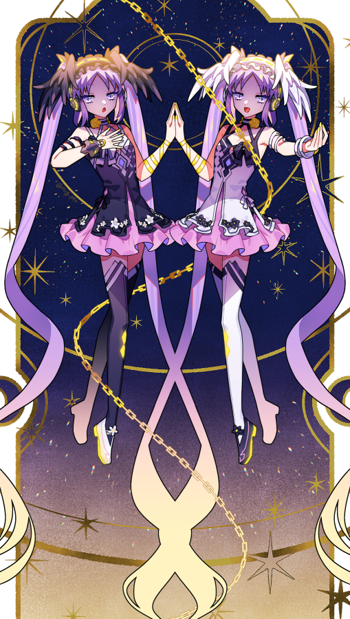 2girls :d absurdly_long_hair black_dress black_hairband black_shoes black_thighhighs black_vs_white bracelet chain dress euryale_(fate) euryale_(twin_star_divas)_(fate) fate/grand_order fate_(series) flower hairband hand_on_own_chest headphones holding_hands jewelry long_hair looking_at_viewer multiple_girls open_mouth palms_together purple_eyes purple_hair puteru rose shoes siblings sisters smile snake_armlet stheno_(fate) stheno_(twin_star_divas)_(fate) thighhighs twins twintails very_long_hair white_dress white_hairband white_shoes white_thighhighs yellow_flower yellow_nails yellow_rose