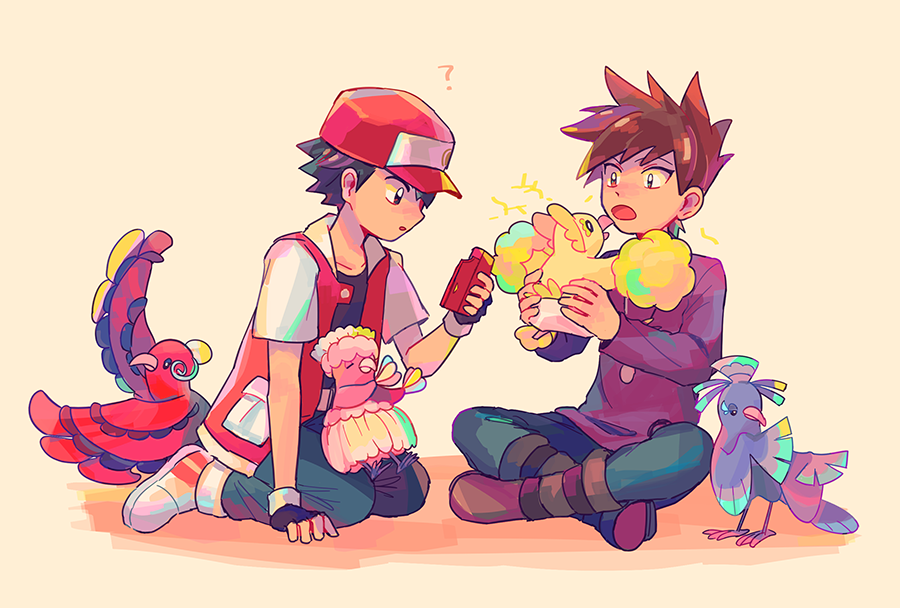 2boys ? baseball_cap blue_oak boots brown_hair commentary_request gen_7_pokemon hat holding holding_pokemon itome_(funori1) jacket male_focus multiple_boys nintendo open_mouth oricorio oricorio_(baile) oricorio_(pa&#039;u) oricorio_(pom-pom) oricorio_(sensu) pants pokedex pokemon pokemon_(creature) pokemon_rgby purple_shirt red_(pokemon) red_headwear shirt shoes short_hair short_sleeves sitting spiked_hair tongue