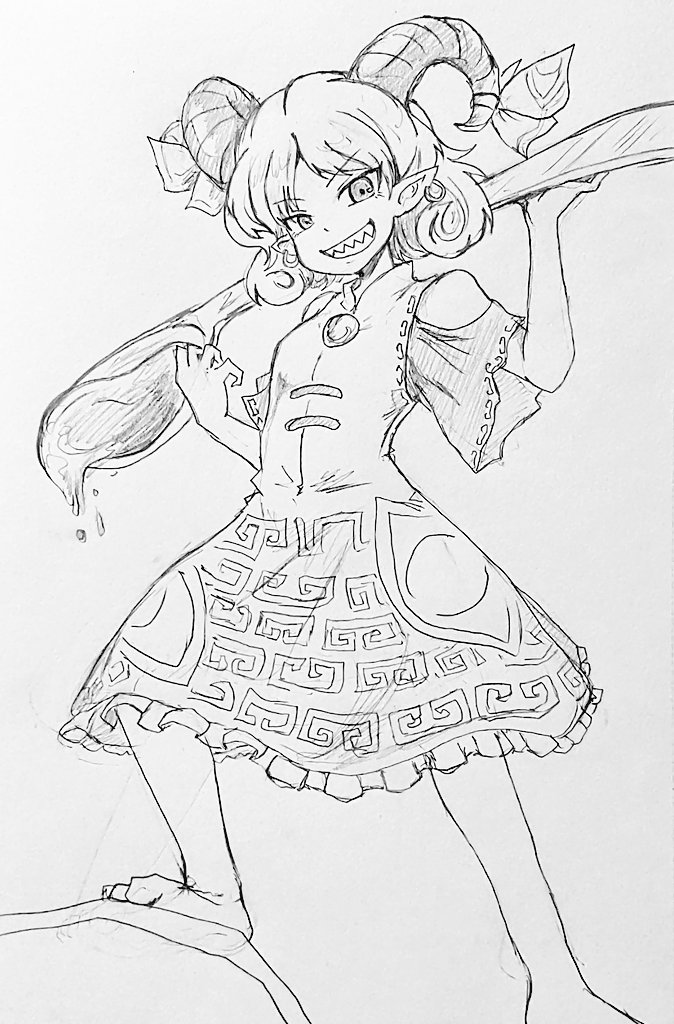 1girl barefoot commentary_request curly_hair d-m_(dii_emu) detached_sleeves dress earrings feet_out_of_frame female_focus greyscale grin holding holding_spork horn_ornament horn_ribbon horns jewelry looking_at_viewer meandros monochrome oil oversized_object patterned_clothing pointy_ears ribbon sharp_teeth sheep_horns smile solo spork teeth touhou toutetsu_yuuma traditional_media