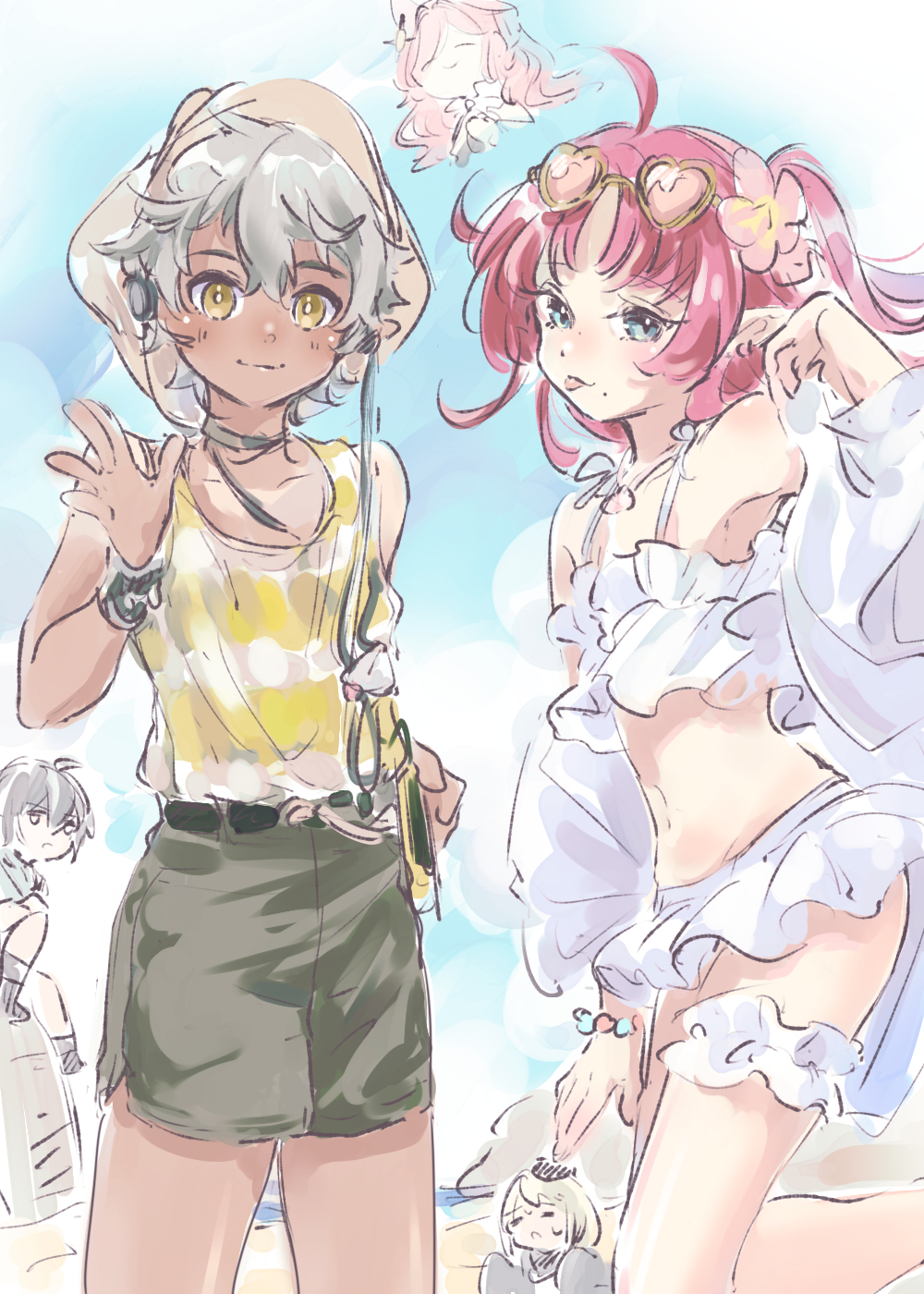 2boys 3girls :p arknights bikini blue_eyes brown_headwear chestnut_(arknights) chestnut_(holiday)_(arknights) closed_mouth commentary_request dark-skinned_male dark_skin durin_(arknights) earrings eyewear_on_head flower frilled_thigh_strap green_shorts hair_flower hair_ornament heart heart-shaped_eyewear highres jewelry long_hair minimalist_(arknights) misago33695466 multiple_boys multiple_girls myrtle_(arknights) myrtle_(summer_flowers)_(arknights) navel official_alternate_costume pointy_ears pozyomka_(arknights) red_hair shirt short_hair shorts sleeveless sleeveless_shirt swimsuit thigh_strap tongue tongue_out waving white_bikini yellow_eyes yellow_shirt