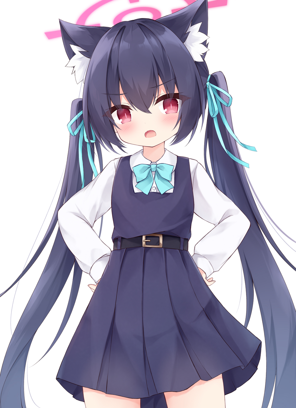 1girl angry animal_ears black_dress black_hair blue_archive bow bowtie cat_ears dress girdle hair_ribbon halo hands_on_own_hips highres long_hair mochizuki_riku open_mouth pink_halo red_eyes ribbon serika_(blue_archive) standing twintails very_long_hair white_background