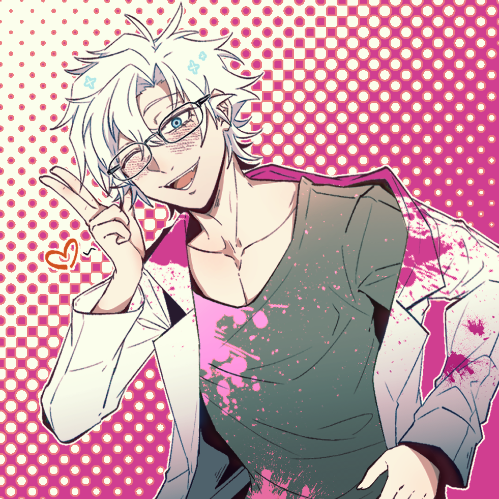 1boy ;d black_shirt blood blood_on_clothes blue_eyes blush chinese_commentary collarbone commentary_request hand_on_own_hip head_tilt jacket kanou_aogu long_sleeves luanzanggang male_focus one_eye_closed open_clothes open_jacket open_mouth pink_background saibou_shinkyoku shirt short_hair smile solo upper_body w white_hair white_jacket