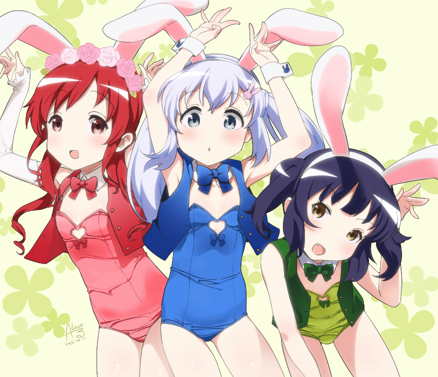 3girls animal_ears artist_name bad_id bad_twitter_id bare_legs blue_ribbon blue_vest commentary_request cuffs detached_collar ending fake_animal_ears fang gochuumon_wa_usagi_desu_ka? green_ribbon green_vest jouga_maya kafuu_chino multiple_girls natsu_megumi open_clothes open_vest playboy_bunny rabbit_ears red_hair red_ribbon red_vest ribbon rkrk vest white_hair wrist_cuffs