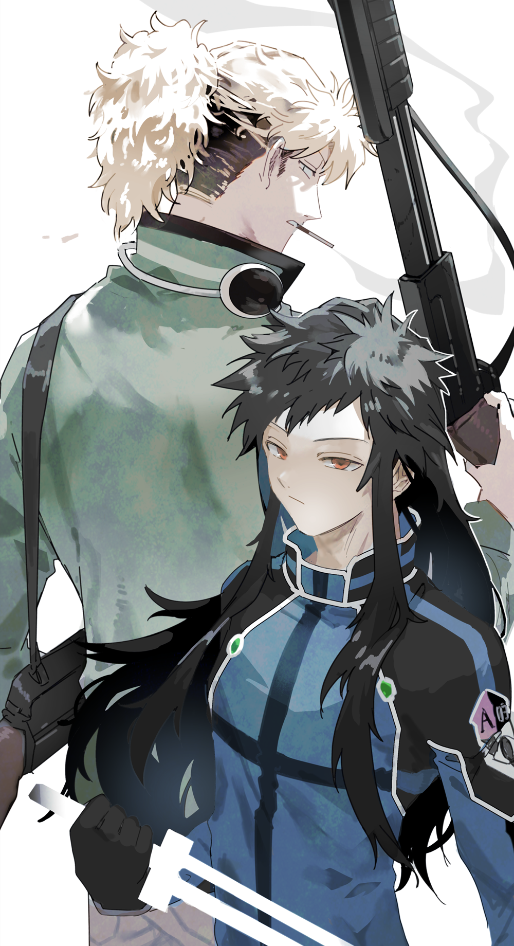 2boys alternate_hair_length alternate_hairstyle badge black_gloves blowing_smoke blue_jacket cigarette dual_wielding energy_sword gloves green_jacket gun headphones headphones_around_neck height_difference highres holding holding_gun holding_sword holding_weapon jacket kazama_souya kazama_squad&#039;s_uniform kzmsnmjkk long_hair long_sleeves looking_at_viewer male_focus mouth_hold multiple_boys pants ponytail profile red_eyes reverse_grip rifle short_hair sidelocks sideways_glance simple_background smoking suwa_koutarou suwa_squad&#039;s_uniform sword undercut weapon white_background world_trigger