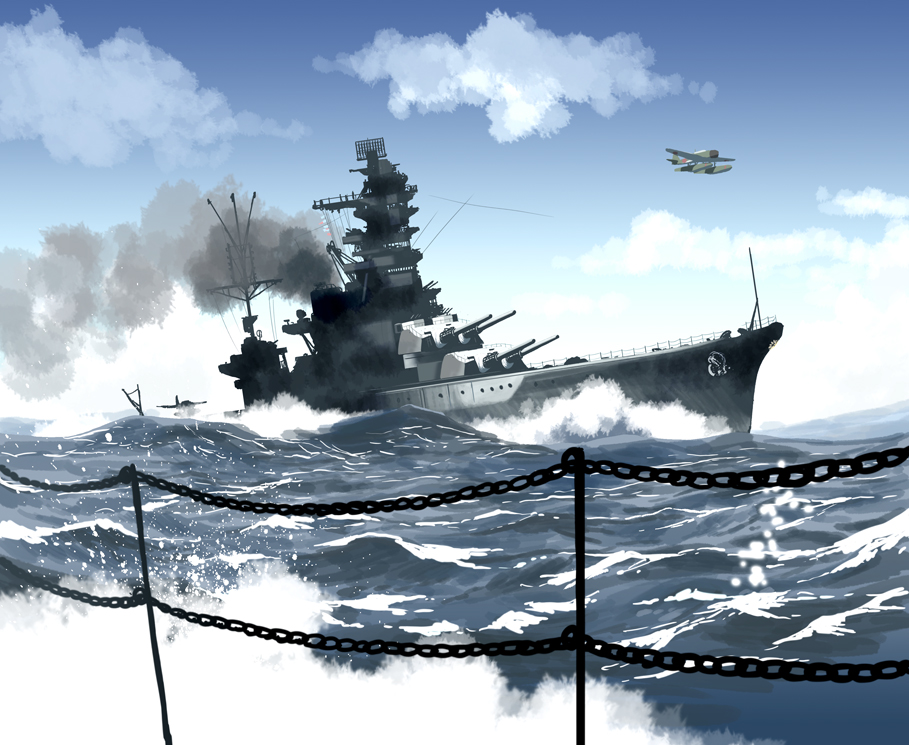 aichi_e13a battleship cloud cloudy_sky day hyuuga_(battleship) imperial_japanese_navy matsuda_juukou military_vehicle no_humans ocean original ship sky smokestack vehicle_focus warship watercraft waves