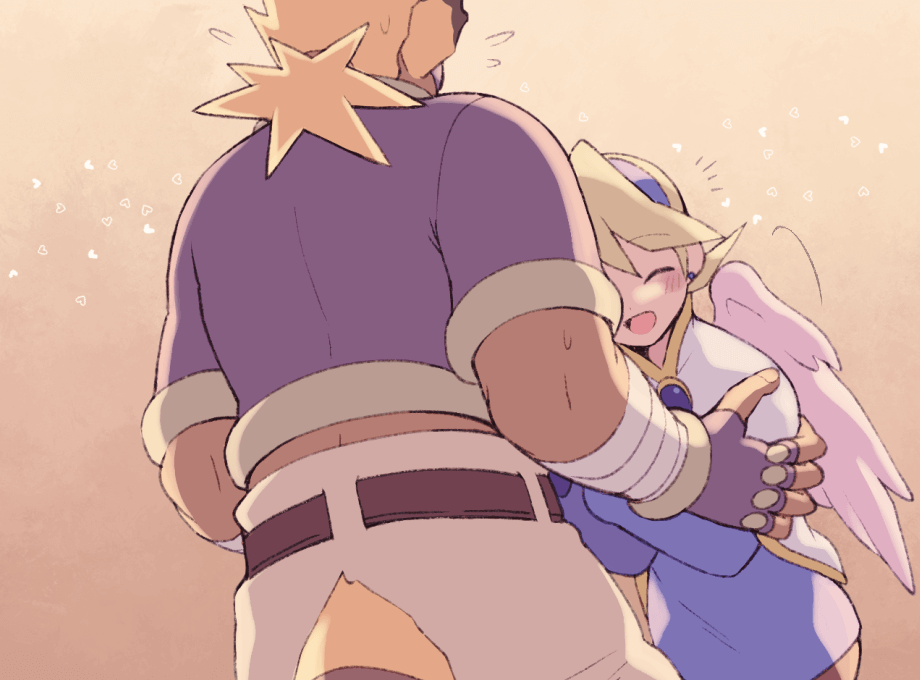1boy 1girl :d angel_wings belt blonde_hair breath_of_fire breath_of_fire_iv cray_(breath_of_fire) dress earrings feathered_wings fingerless_gloves gloves hairband jewelry minashirazu nina_(breath_of_fire_iv) open_mouth pantyhose short_hair skirt smile wings