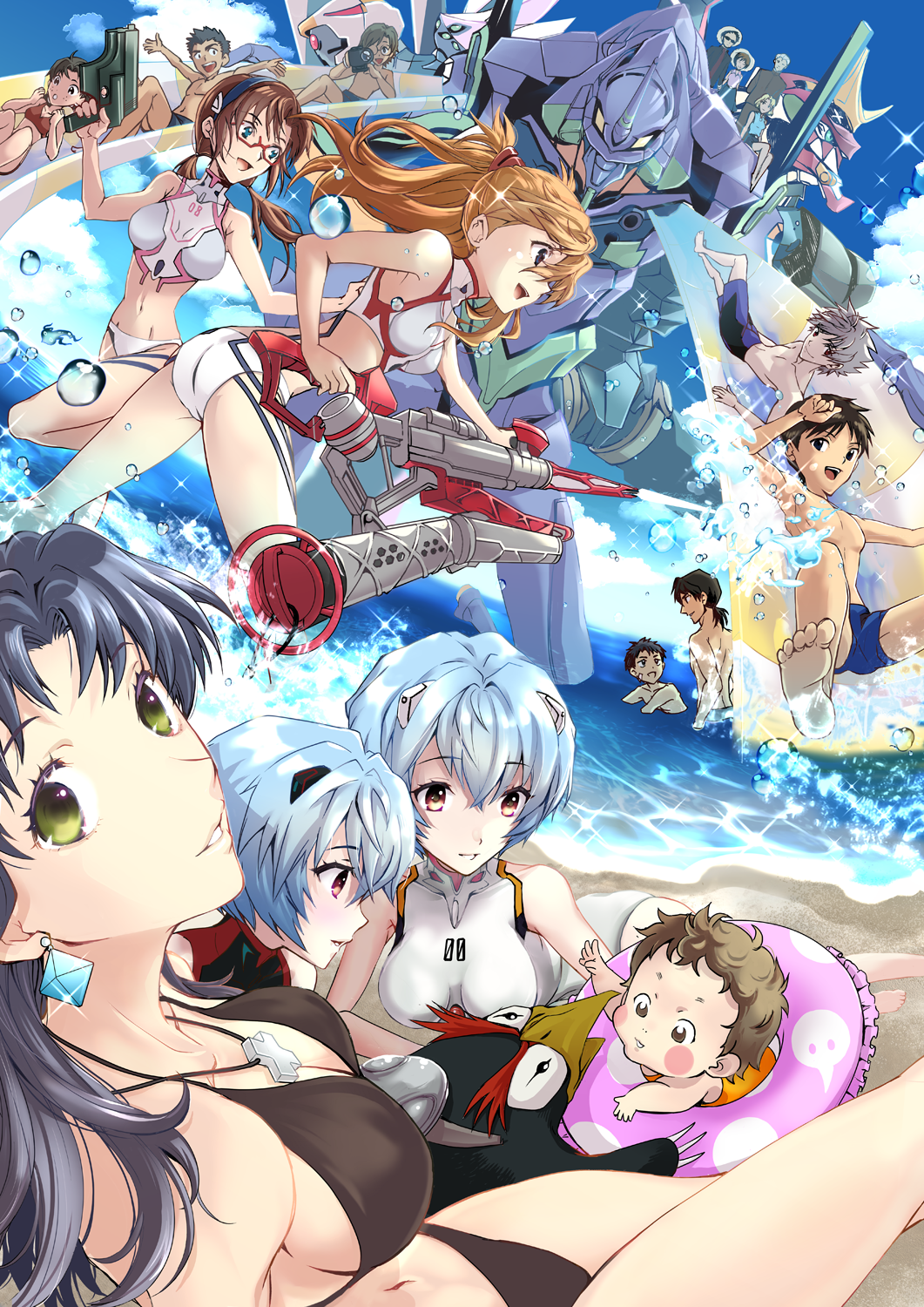 6+boys 6+girls aida_kensuke akagi_ritsuko ayanami_rei baby beach bikini bird black_hair blue_eyes breasts brown_hair camera cleavage day earrings eva_00 eva_01 eva_02 glasses grin hair_between_eyes hair_ornament hairclip highres horaki_hikari ikari_shinji jewelry katsuragi_misato long_hair looking_at_another looking_at_viewer makinami_mari_illustrious midriff multiple_boys multiple_girls nagisa_kaworu navel neon_genesis_evangelion penguin ponytail purple_hair rebuild_of_evangelion red_eyes smile souryuu_asuka_langley suzuhara_touji suzuhara_tsubame swimsuit water water_gun white_hair