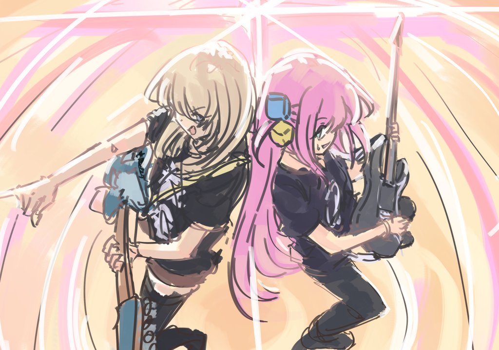 2girls black_shirt black_thighhighs blue_eyes bocchi_the_rock! bracelet commentary cube_hair_ornament electric_guitar girls_band_cry gotoh_hitori grey_eyes guitar hair_ornament holding holding_guitar holding_instrument holding_plectrum instrument instrument_connection jewelry kawaragi_momoka kessoku_band_t-shirt light_brown_hair long_hair multicolored_hair multiple_girls music one_side_up open_mouth pink_hair playing_instrument plectrum roots_(hair) shirt short_sleeves sweatdrop thighhighs tomare_(akashingou) yamaha_pacifica