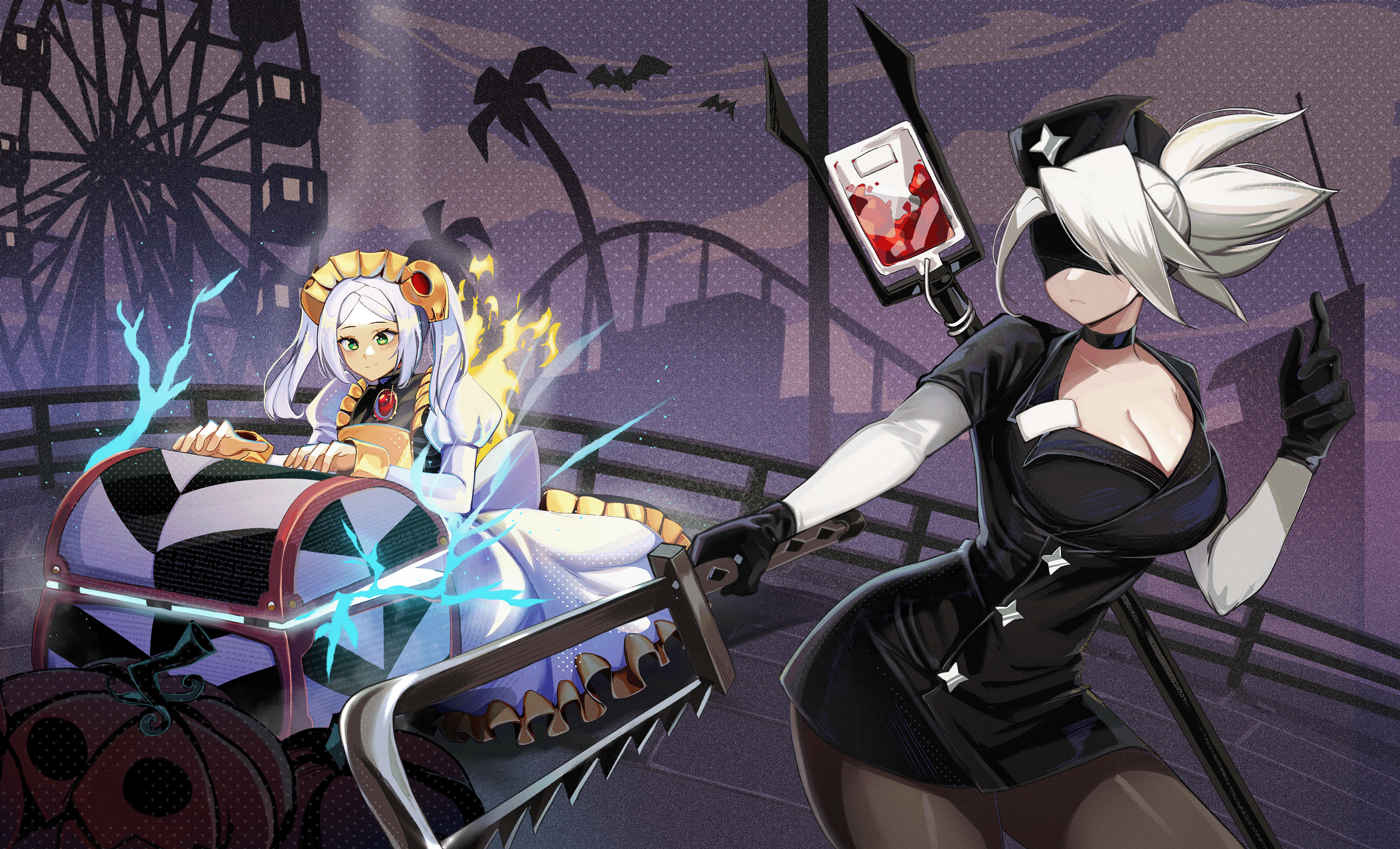 2b_(nier:automata) 2b_(nier:automata)_(cosplay) apron blindfold bloody_marie_(skullgirls) cosplay frieren frieren_(cosplay) hacksaw hair_ornament hat highres maid maid_headdress mask mouth_mask nurse nurse_cap pumpkin ribs saw skull_hair_ornament skullgirls surgical_mask twintails valentine_(skullgirls) white_hair