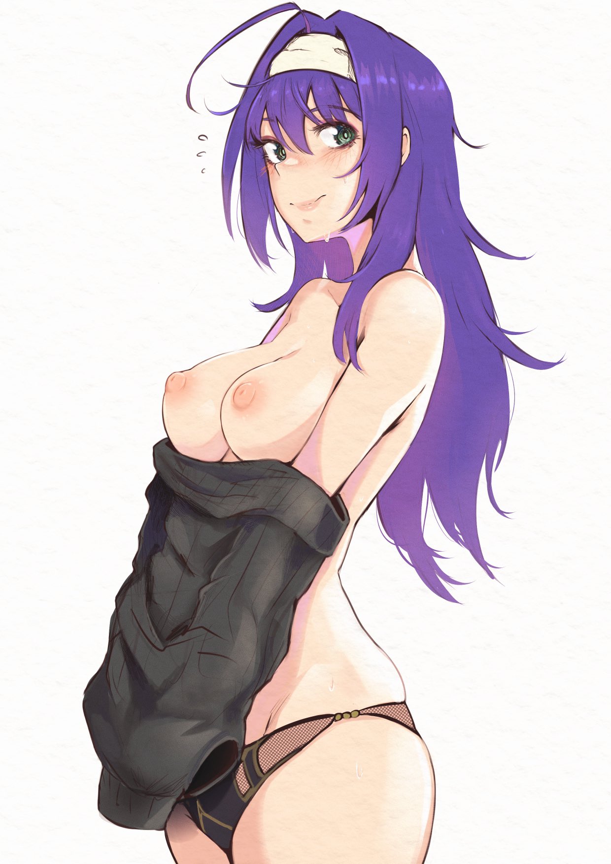 1girl ahoge bare_shoulders black_panties breasts clothes_pull commentary cowboy_shot english_commentary fire_emblem fire_emblem:_path_of_radiance fire_emblem:_radiant_dawn green_eyes hairband highres long_hair medium_breasts mia_(fire_emblem) nintendo nipples panties pulling_own_clothes purple_hair simple_background solo sweat sweater sweater_pull thighs underwear undressing vialnite white_background white_hairband