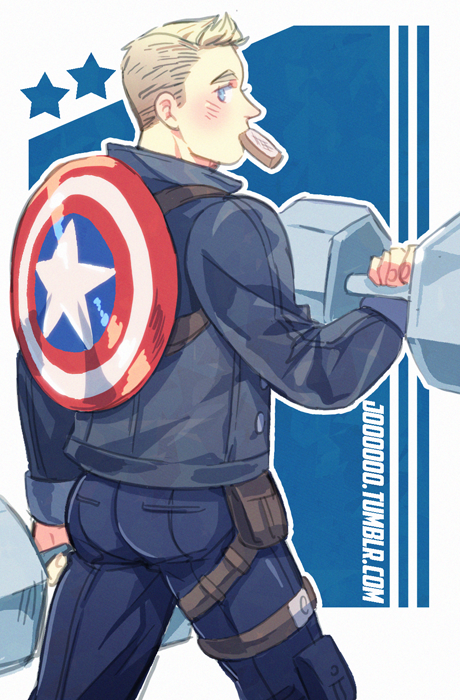 1boy animification avengers_(series) avengers_academy blue_eyes blush bread bread_slice captain_america captain_america_(series) dumbbell food from_behind jo_(artist) male_focus marvel mouth_hold shield solo steve_rogers toast
