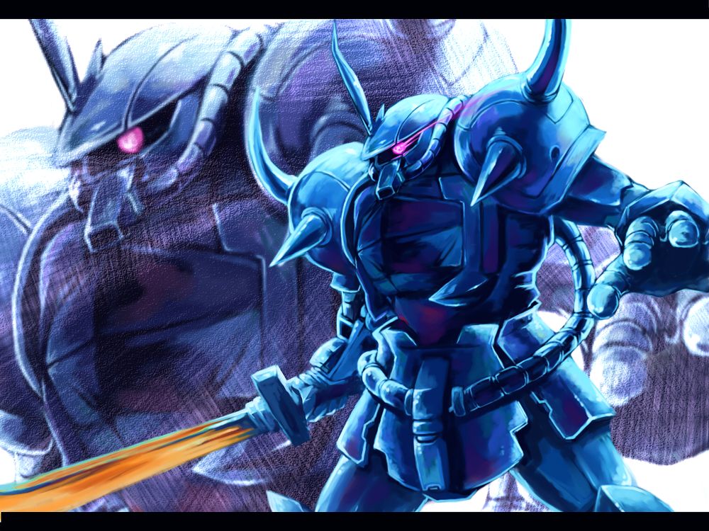glowing glowing_eye gouf gundam holding holding_sword holding_weapon mecha mmlu_(honwa_karesu) mobile_suit_gundam no_humans robot solo spikes sword weapon