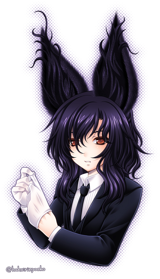1boy animal_ear_fluff animal_ears black_hair black_jacket black_necktie blade_&amp;_soul collared_shirt fox_ears glove_pull gloves hair_between_eyes hakoiri_nyanko jacket long_hair lyn_(blade_&amp;_soul) male_focus necktie orange_eyes parted_lips shirt simple_background solo suit_jacket twitter_username upper_body white_background white_gloves white_shirt