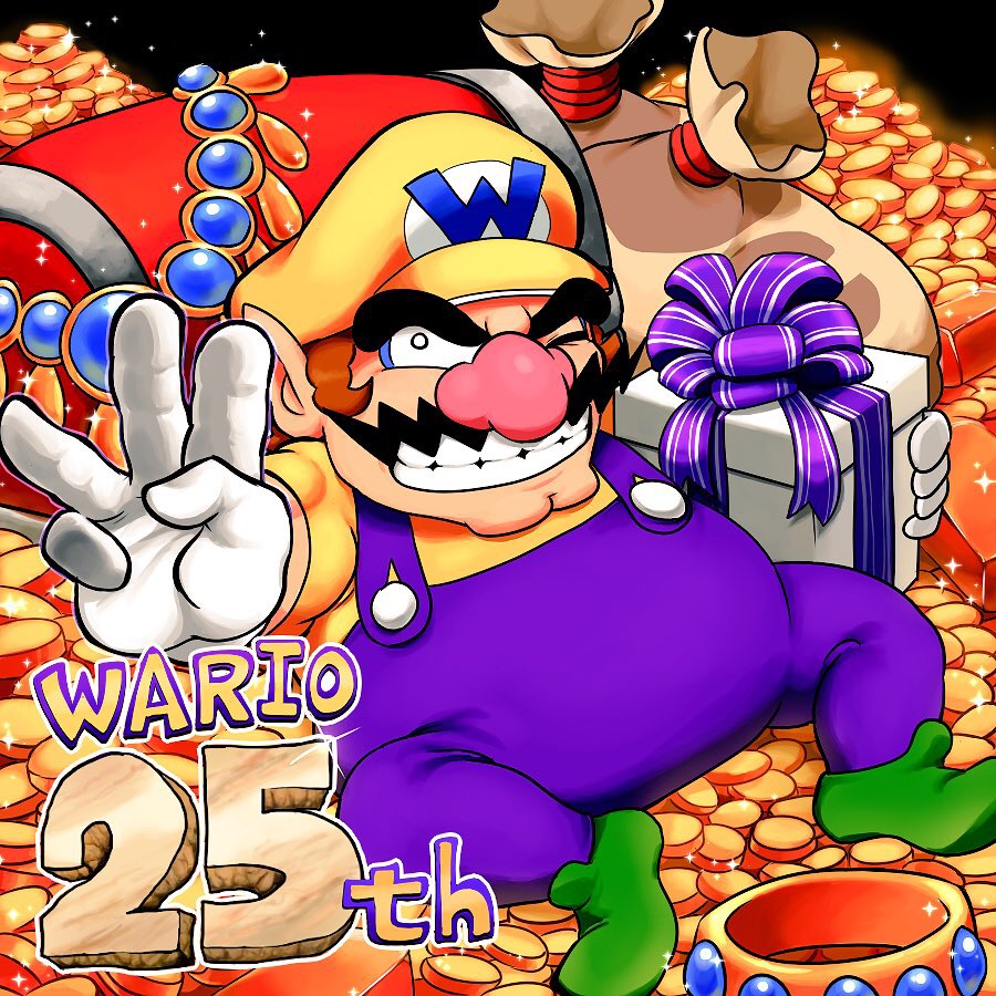 1boy anniversary cleft_chin coin facial_hair gift gloves gold_coin gold_necklace green_footwear grin hat holding holding_gift hoshi_(star-name2000) jewelry mustache necklace nintendo one_eye_closed overalls pointy_ears purple_overalls sack smile thick_eyebrows treasure treasure_chest wario wario_land white_gloves yellow_hat
