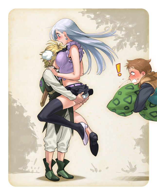 ! 10s 1girl 2boys ass asymmetrical_clothes asymmetrical_footwear between_breasts black_skirt black_thighhighs blonde_hair blood blue_eyes blush boots breasts brown_eyes brown_hair clothes_lift earrings elizabeth_liones embarrassed floating frills grabbing_another&#039;s_ass groping head_between_breasts held_up high_heels hugging_object jewelry king_(nanatsu_no_taizai) legs leoneth_elizabeth long_hair meliodas midriff miniskirt mismatched_footwear multiple_boys nanatsu_no_taizai nosebleed panties pantyshot pillow pillow_hug seven_deadly_sins shigoroo shirt shoes short_hair silver_hair skirt skirt_lift thighhighs thighs underwear upskirt white_panties