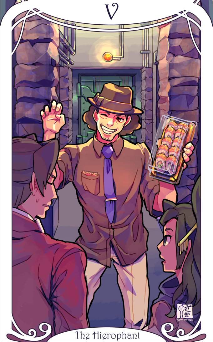 1girl 2boys ace_attorney ace_attorney_investigations ace_attorney_investigations_2:_prosecutor&#039;s_gambit arm_up artistic_error black_hat blue_necktie blue_scarf breast_pocket brown_hair brown_shirt card_(medium) closed_eyes collared_shirt door facial_hair fedora food goatee_stubble grey_eyes grey_hair hand_up hat holding jacket kay_faraday key_hair_ornament long_hair makizushi miles_edgeworth multiple_boys necktie notepad pants pocket red_jacket saginoko scarf shigaraki_tateyuki shirt short_hair small_sweatdrop stubble sushi tarot tarot_(medium) the_hierophant_(tarot) white_pants
