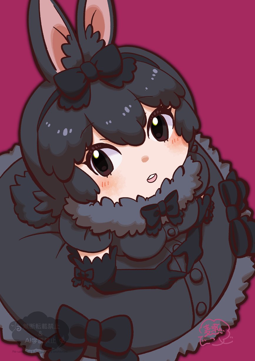 1girl amami_rabbit_(kemono_friends) animal_ears black_bow black_bowtie black_dress black_eyes black_gloves blush bow bowtie dress elbow_gloves frilled_gloves frills from_above fur_collar fur_trim gloves grey_fur hair_between_eyes hair_bow highres kemono_friends kemono_friends_3 long_dress looking_to_the_side mugise_hitsuji open_mouth puffy_dress puffy_short_sleeves puffy_sleeves rabbit_ears rabbit_girl short_sleeves sidelocks solo