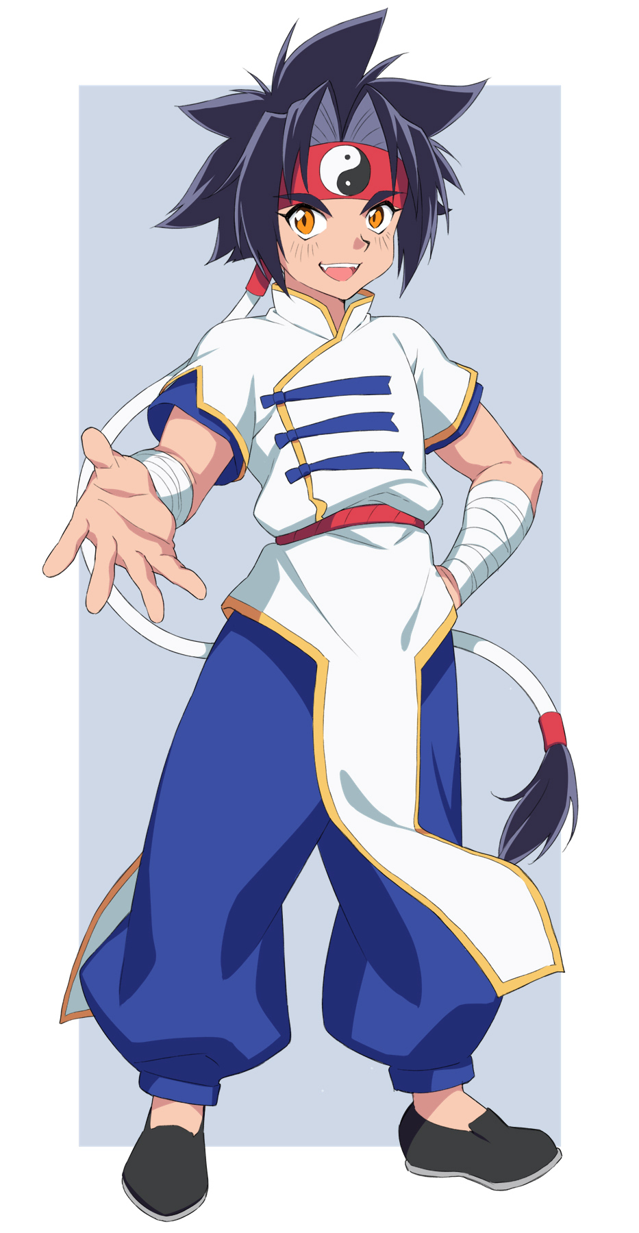 1boy :d bakuten_shoot_beyblade bandaged_arm bandages beyblade black_hair black_shoes blue_pants fang grey_background hand_on_own_hip headband highres jacket kon_rei kusumoto_shizuru looking_at_viewer male_focus open_mouth orange_eyes pants parted_bangs pelvic_curtain red_headband shoes short_sleeves smile solo standing teeth thick_eyebrows two-tone_background upper_teeth_only white_background white_jacket yin_yang yin_yang_print