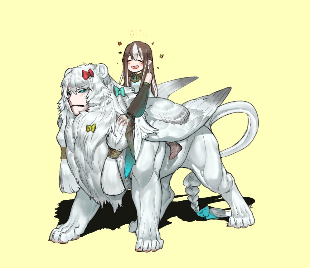 1boy 1girl black_sclera blue_eyes blush bow braided_tail brown_hair colored_sclera commentary_request detached_sleeves elf fang fang_out feathered_wings full_body hair_bow happy_aura human_head long_hair long_sleeves looking_at_viewer mane meziro001 multicolored_hair original pointy_ears puffy_long_sleeves puffy_sleeves riding simple_background sphinx streaked_hair white_hair white_wings wings yellow_background