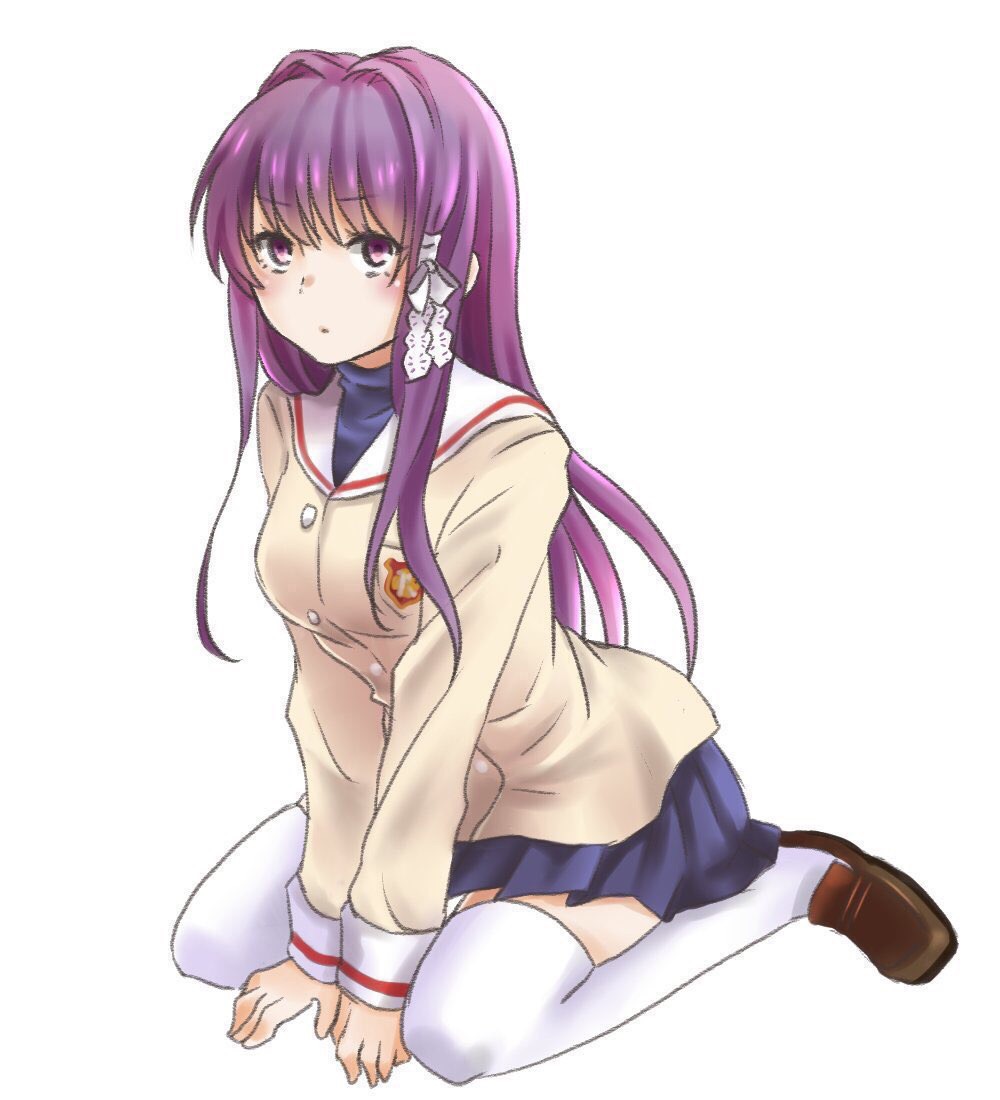 1girl blazer blue_skirt breasts clannad fujibayashi_kyou full_body hair_intakes hair_ribbon hikarizaka_private_high_school_uniform jacket kneeling long_hair looking_at_viewer medium_breasts negiko123123 pleated_skirt purple_eyes purple_hair ribbon sailor_collar school_uniform serafuku shoes skirt solo thighhighs very_long_hair white_thighhighs zettai_ryouiki