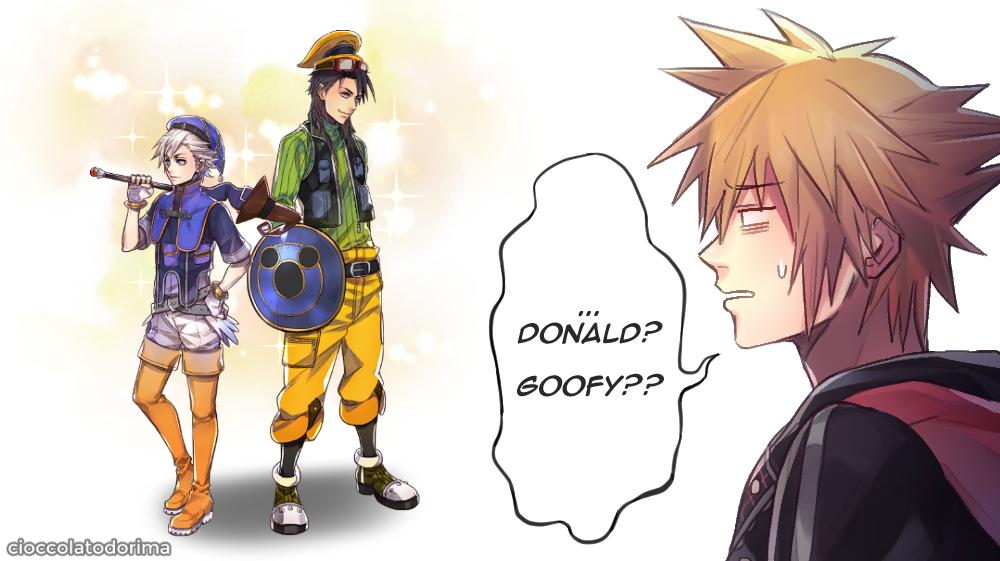 3boys belt black_hair black_jacket black_vest boots brown_hair cioccolatodorima comic confused donald_duck english_text goggles goggles_on_head goofy hat hood hoodie jacket kingdom_hearts kingdom_hearts_iii male_focus mickey_mouse_&amp;_friends multiple_boys nomura_tetsuya_(style) pants shield silver_hair sora_(kingdom_hearts) sparkle spiked_hair squinting staff thigh_boots thighhighs vest white_pants yellow_pants