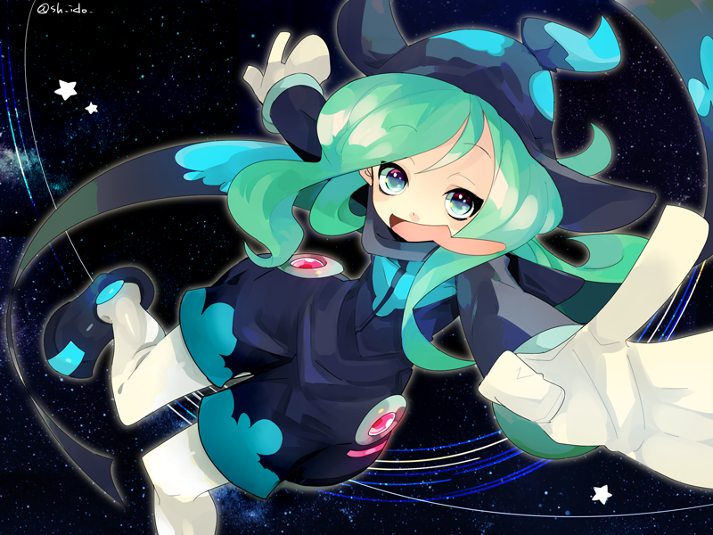 1boy :d aqua_eyes aqua_hair artist_name black_background black_coat black_hat black_shoes coat drooling ecolo_(puyopuyo) foot_out_of_frame foreshortening fur_hat gloves hat knee_up leaning_to_the_side long_hair looking_at_viewer male_focus mouth_drool nobara_(konnttaku) open_hands open_mouth outline outstretched_arms pantyhose pantyhose_under_shorts pigeon-toed puffy_shorts puyopuyo puyopuyo_20th_anniversary shoes shorts sky smile solo space standing standing_on_one_leg star_(sky) star_(symbol) starry_sky starry_sky_background trap unusual_ecolo ushanka wavy_hair white_gloves white_outline white_pantyhose