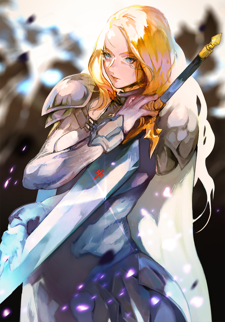 1girl aekutie armor blonde_hair blue_eyes blurry blurry_background cape claymore_(series) claymore_(sword) female_focus galatea highres holding holding_sword holding_weapon long_hair pauldrons shoulder_armor solo sword weapon white_cape