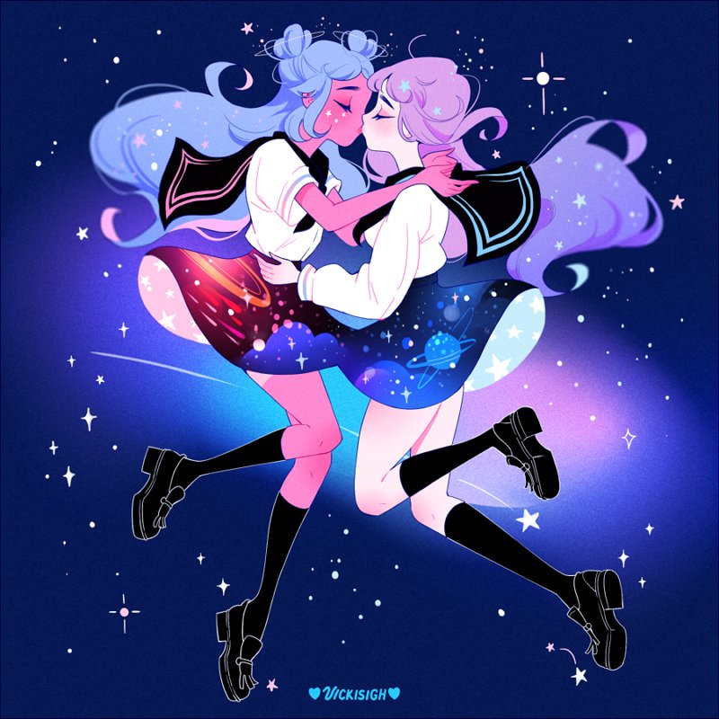 2girls artist_name blue_hair closed_eyes commentary double_bun english_commentary hair_bun kiss kneehighs loafers long_hair long_sleeves miniskirt multiple_girls original purple_hair school_uniform serafuku shoes shooting_star skirt socks tan tanline vicki_tsai yuri