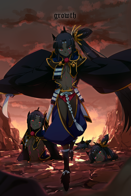 4girls armor babylonia_(fate/grand_order) black_hair black_sleeves breast_curtains breasts corruption dark-skinned_female dark_persona dark_skin detached_sleeves echo_(circa) fate/grand_order fate_(series) feather_hair_ornament feathers full_body glowing glowing_eyes gradient_sky grin hair_bun hair_ornament hat japanese_armor katana long_hair looking_at_viewer medium_breasts multiple_girls multiple_persona navel orange_sky outdoors panties parted_bangs pom_pom_(clothes) red_eyes red_panties side_ponytail sidelocks single_side_bun sky smile sword twilight underwear ushiwakamaru_(corrupted)_(fate) ushiwakamaru_(fate) very_long_hair weapon wide_sleeves