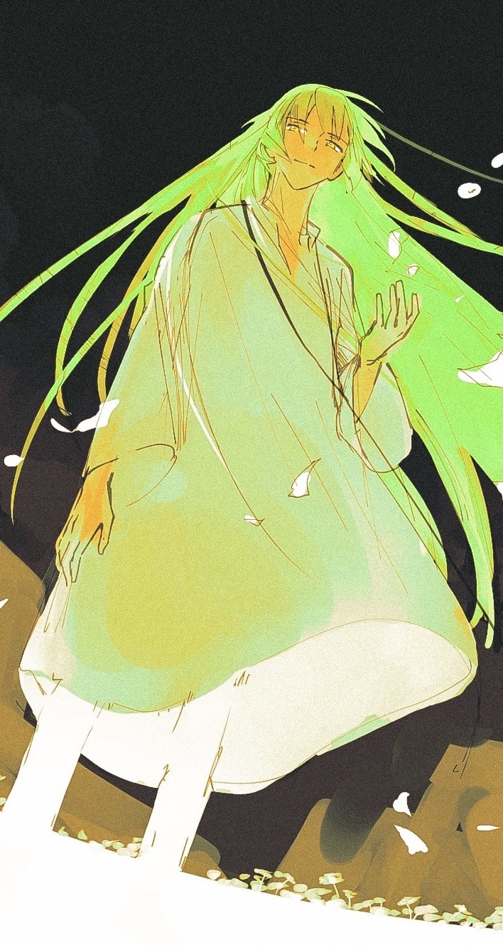 1other absurdly_long_hair arm_up black_background domu_(hamadura) enkidu_(fate) falling_petals fate/grand_order fate_(series) film_grain floating_clothes green_hair highres long_hair long_sleeves looking_at_viewer petals robe standing very_long_hair white_robe wide_sleeves yellow_eyes
