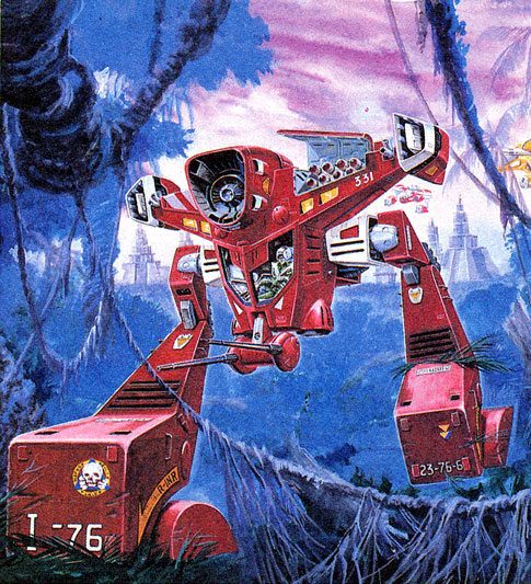 1980s_(style) box_art chiram choujikuu_seiki_orguss ishkick jungle mecha nature no_humans non-humanoid_robot official_art oldschool orguss orguss_(mecha) realistic retro_artstyle robot scan science_fiction simple_background solo takani_yoshiyuki temple traditional_media walker_(robot)