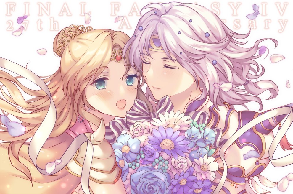 1boy 1girl aqua_eyes armor blonde_hair blue_flower bouquet cape cecil_harvey closed_eyes couple falling_petals final_fantasy final_fantasy_iv flower hair_bun headband holding holding_bouquet jewelry long_hair looking_at_viewer lyric_(hina9111) open_mouth parted_bangs petals ponytail ribbon rosa_farrell shoulder_spikes spikes upper_body wavy_hair white_flower white_hair white_ribbon yellow_cape