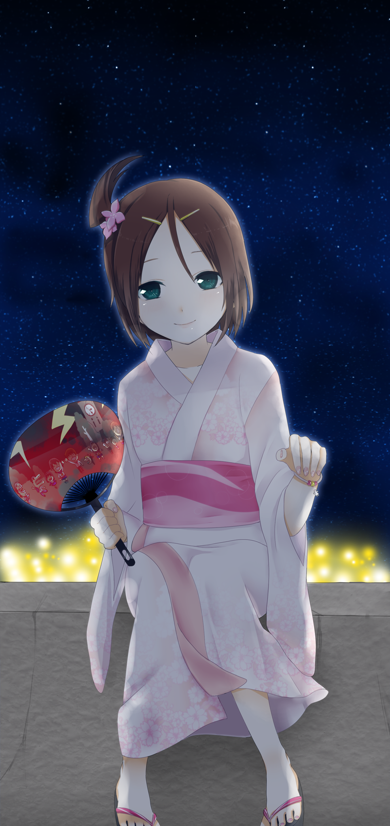 1girl bad_id bad_pixiv_id bracelet brown_hair cameo corpse_party female_focus flip-flops flower green_eyes hair_flower hair_ornament hairclip hairpin hand_fan highres japanese_clothes jewelry kimono mochida_satoshi morishige_sakutarou nail_polish nakashima_naomi night night_sky osomatsu osomatsu_(nanameno) paper_fan parted_bangs pink_nails sandals shinohara_seiko short_hair sitting sky smile solo suzumoto_mayu toenail_polish toenails toes uchiwa yukata