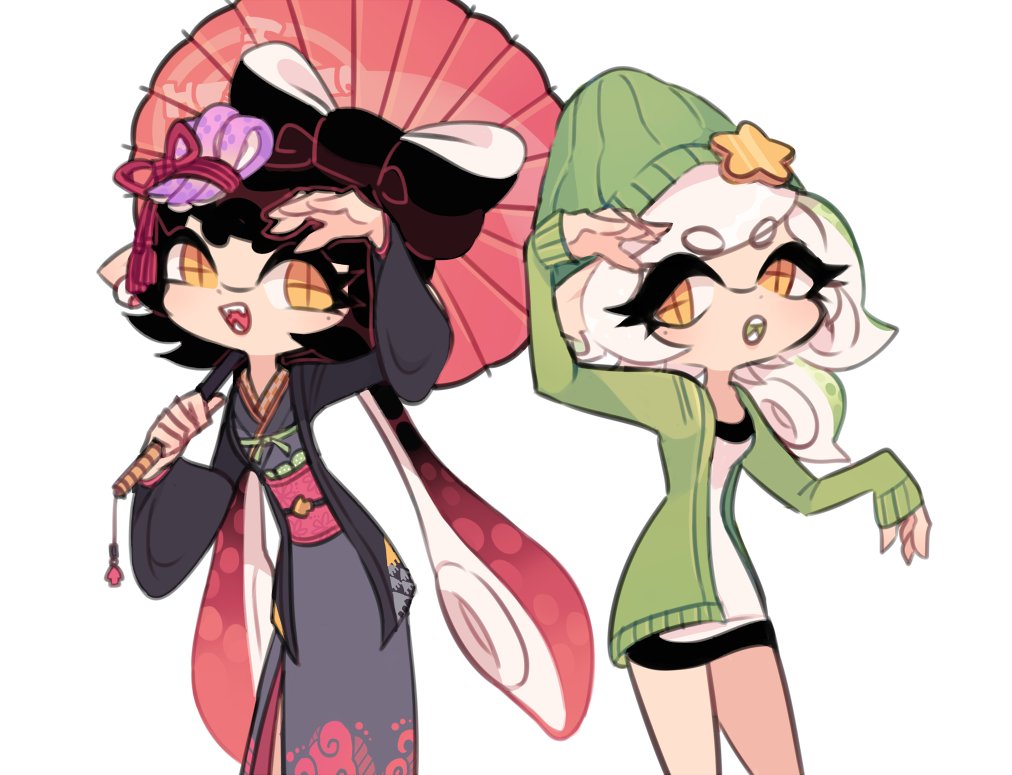 2girls alternate_costume bad_id bad_twitter_id beanie black_hair black_jacket black_skirt bow-shaped_hair breasts callie_(splatoon) cephalopod_eyes charamells cosplay cousins cowboy_shot ear_piercing earrings eyelashes food food-themed_hair_ornament gradient_hair green_hat green_jacket grey_kimono hair_ornament hair_ribbon hand_on_own_head haori hat hat_ornament holding holding_umbrella hoop_earrings jacket japanese_clothes jewelry kimono long_hair long_sleeves low_twintails marie_(agent_2_casual)_(splatoon) marie_(kimono)_(splatoon) marie_(splatoon) marie_(splatoon)_(cosplay) medium_hair miniskirt mole mole_under_eye multicolored_hair multiple_girls nintendo obi oil-paper_umbrella open_mouth piercing pink_hair pink_sash pink_umbrella pointy_ears red_ribbon ribbon sash sharp_teeth shirt simple_background skirt sleeves_past_wrists smile splatoon_(series) star_(symbol) star_hat_ornament sushi sweater_jacket teeth tentacle_hair twintails umbrella very_long_hair white_background white_hair white_shirt wide_sleeves yellow_eyes yukata